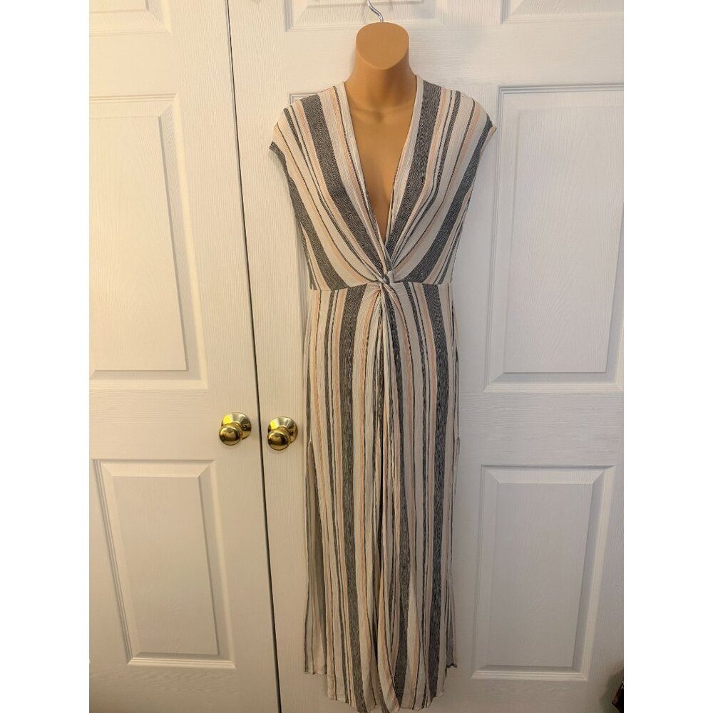 Lulus Womens M Coastal Grooves White Multi Striped Swim Cover Up Maxi Dress